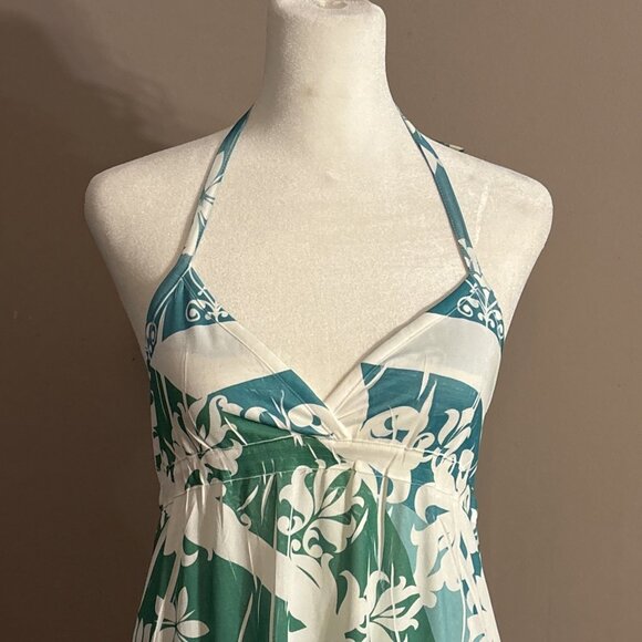 Belize Swim Cover Up Nylon Dress Green White Floral Halter Tie Sz M - Picture 2 of 11